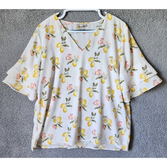 Loft Women's Short Layered Sleeve V Neck Blouse Top Lemons Print Polyester Sz L - Picture 1 of 13